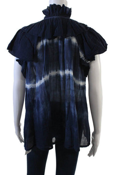 Raquel Allegra Womens Tie Dye Print Short Sleeves Blouse Navy Blue Cotton Size 2