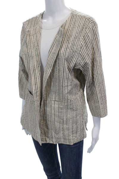 Eileen Fisher Womens 3/4 Sleeve Open Front Striped Jacket White Black Size Large