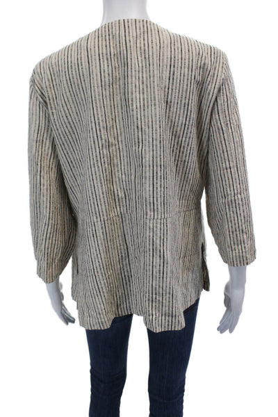 Eileen Fisher Womens 3/4 Sleeve Open Front Striped Jacket White Black Size Large