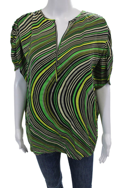 Classiques Entier Womens Short Sleeve V Neck Striped Silk Top Green Black Large