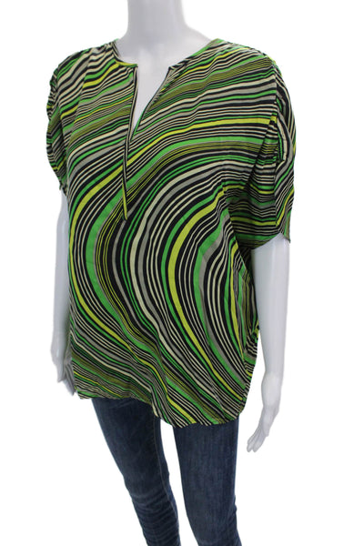 Classiques Entier Womens Short Sleeve V Neck Striped Silk Top Green Black Large