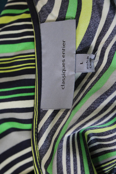 Classiques Entier Womens Short Sleeve V Neck Striped Silk Top Green Black Large