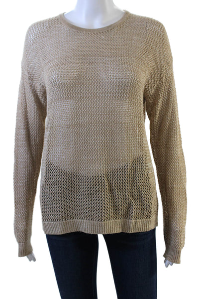 Minnie Rose Womens Long Sleeve Scoop Neck Open Knit Sweater Brown Cotton Size XS