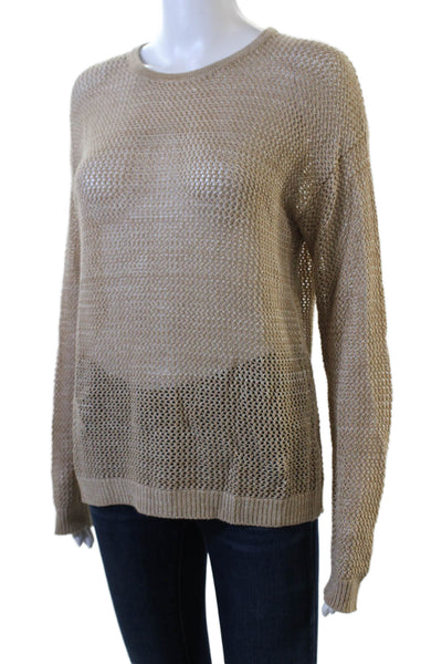 Minnie Rose Womens Long Sleeve Scoop Neck Open Knit Sweater Brown Cotton Size XS