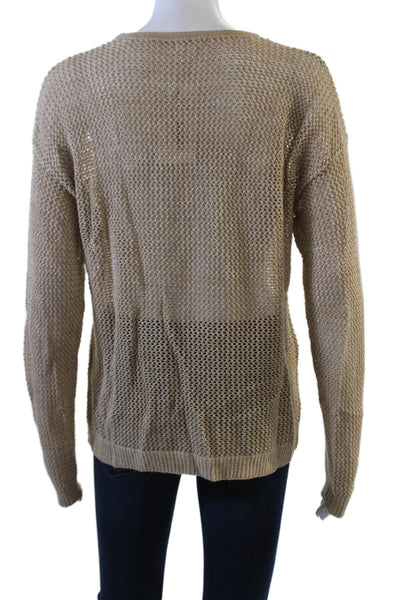 Minnie Rose Womens Long Sleeve Scoop Neck Open Knit Sweater Brown Cotton Size XS