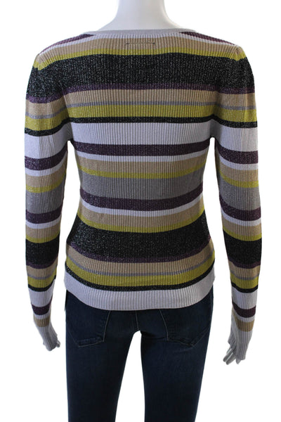Chaser Womens Long Sleeve Scoop Neck Ribbed Striped Sweater Purple Size Medium