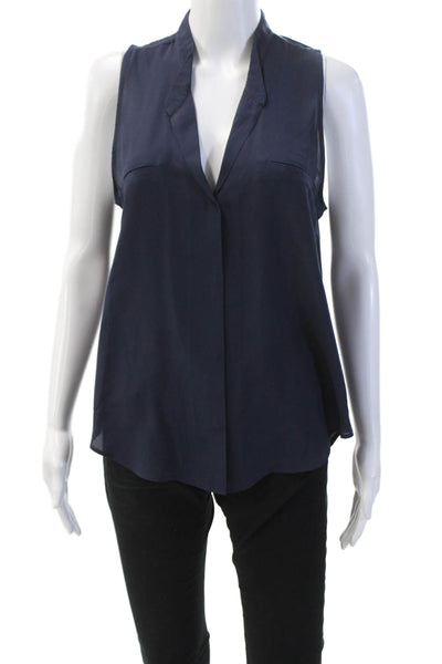Rory Beca Womens Silk Sleeveless V-Neck Button Down Blouse Top Blue Size S
