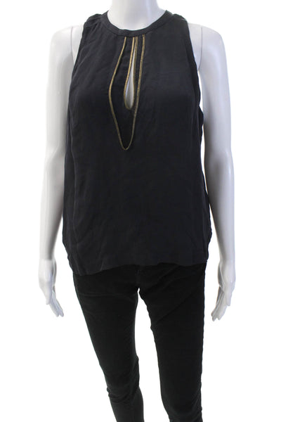 ALC Womens Silk Sleeveless Metallic Trim Tank Blouse Navy Size S