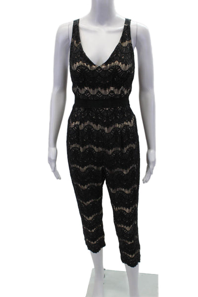 Tracy Reese Womens Embroidered Print Sleeveless Zip Up Jumpsuit Black Size 6