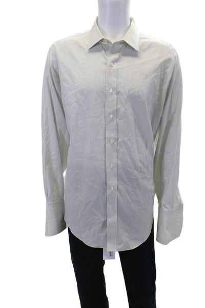 Brooks Brothers Mens Striped Button Down Dress Shirt Blue Yellow Cotton Size 17.