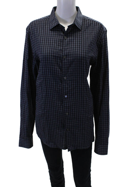 Theory Womens Cotton V-neck Long Sleeve Collar Plaid Blouse Blue Size M