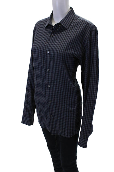 Theory Womens Cotton V-neck Long Sleeve Collar Plaid Blouse Blue Size M