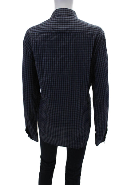 Theory Womens Cotton V-neck Long Sleeve Collar Plaid Blouse Blue Size M