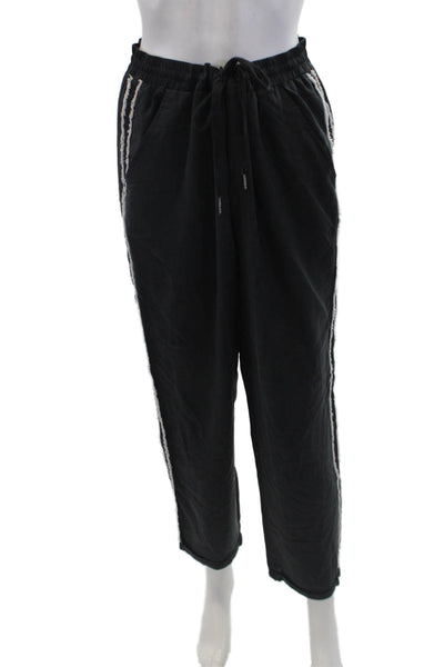 Go By GoSilk Womens High Rise Drawstring Fringe Silk Pants Black White Medium