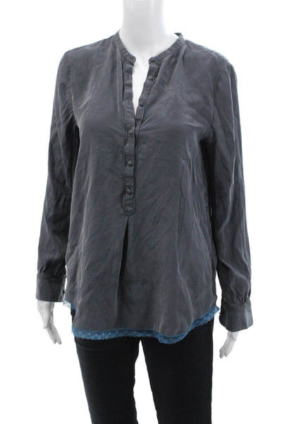 Zadig & Voltaire Womens Silk Lace Trim Long Sleeves Blouse Gray Blue Size Medium