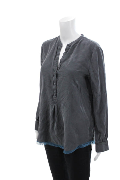 Zadig & Voltaire Womens Silk Lace Trim Long Sleeves Blouse Gray Blue Size Medium