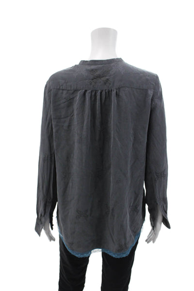 Zadig & Voltaire Womens Silk Lace Trim Long Sleeves Blouse Gray Blue Size Medium
