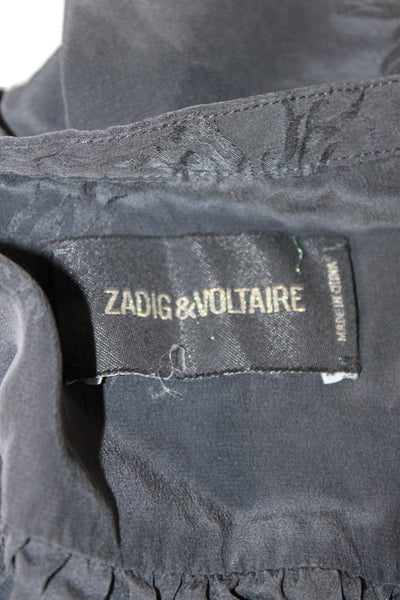Zadig & Voltaire Womens Silk Lace Trim Long Sleeves Blouse Gray Blue Size Medium