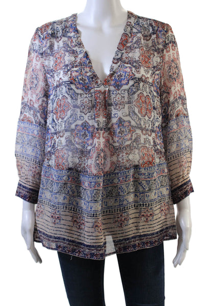 Joie Womens Silk V-Neck Sheer Smocked Shoulder Blouse Multicolor Size XS