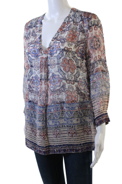 Joie Womens Silk V-Neck Sheer Smocked Shoulder Blouse Multicolor Size XS