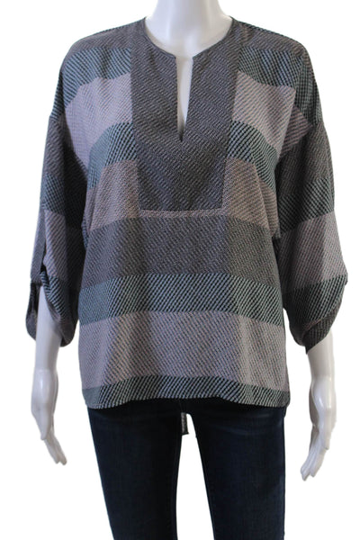 BCBG Max Azria Womens Slit Back Detail Geometric Print Blouse Gray Size XS