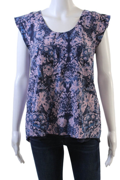 Rebecca Taylor Womens Silk Floral Print Sleeveless Cap Sleeve Blouse Blue Size 4