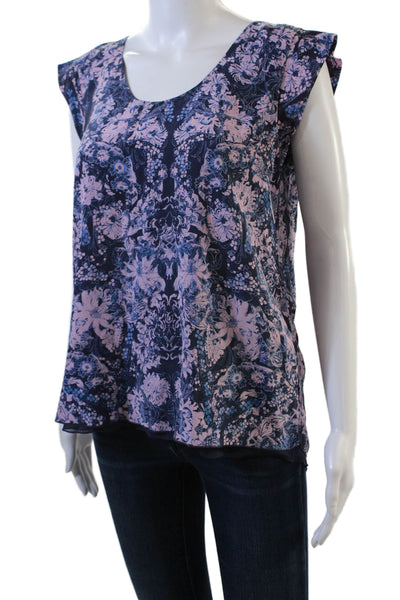 Rebecca Taylor Womens Silk Floral Print Sleeveless Cap Sleeve Blouse Blue Size 4