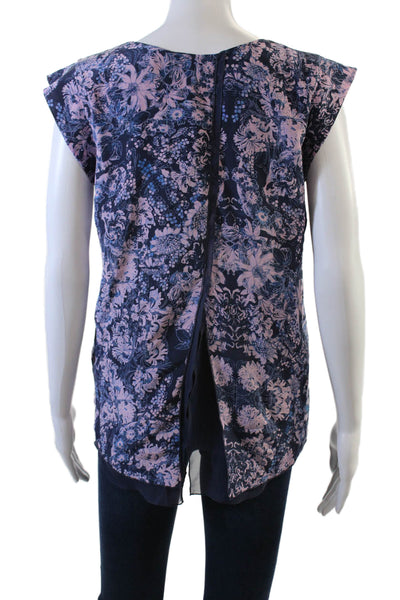 Rebecca Taylor Womens Silk Floral Print Sleeveless Cap Sleeve Blouse Blue Size 4
