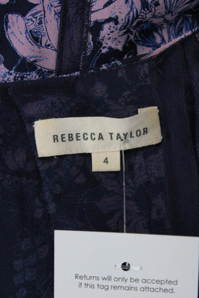 Rebecca Taylor Womens Silk Floral Print Sleeveless Cap Sleeve Blouse Blue Size 4