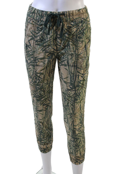 Marrakech Womens Leaf Print Slim Leg Jogger Pants Beige Green Cotton Size 26