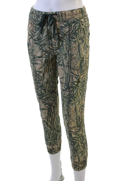 Marrakech Womens Leaf Print Slim Leg Jogger Pants Beige Green Cotton Size 26