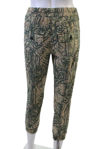 Marrakech Womens Leaf Print Slim Leg Jogger Pants Beige Green Cotton Size 26