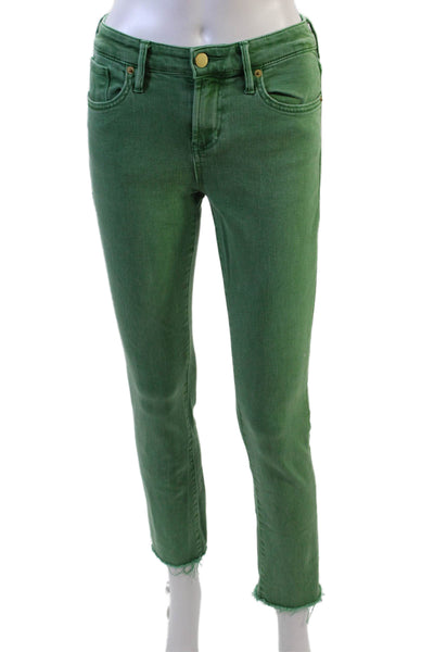 Designer Womens Mid Rise Fray Hem Slim Leg Jeans Rain Forest Green Size 24