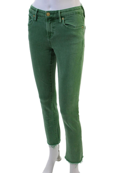 Designer Womens Mid Rise Fray Hem Slim Leg Jeans Rain Forest Green Size 24