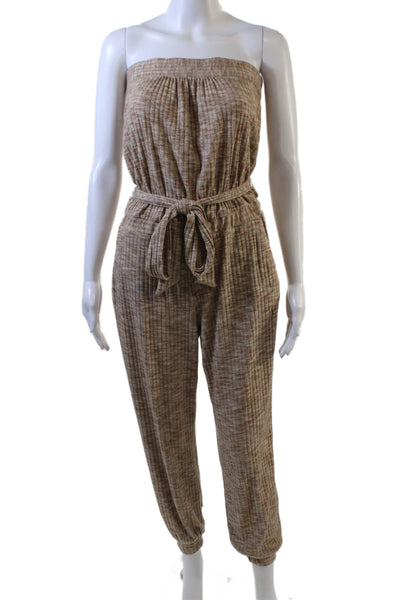 Drew Womens Strapless High Rise Belted Slim Leg Jumpsuit Beige Size Small