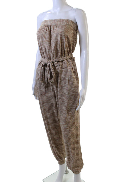 Drew Womens Strapless High Rise Belted Slim Leg Jumpsuit Beige Size Small