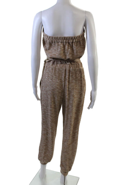 Drew Womens Strapless High Rise Belted Slim Leg Jumpsuit Beige Size Small