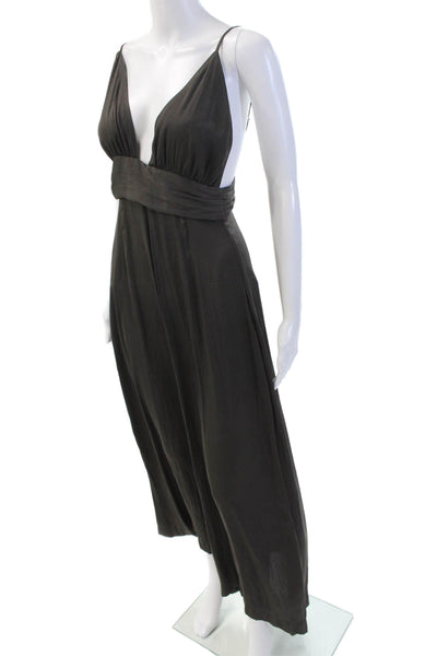 One by One Teaspoon Womens Spaghetti Strap V Neck Wide Leg Jumpsuit Brown Medium