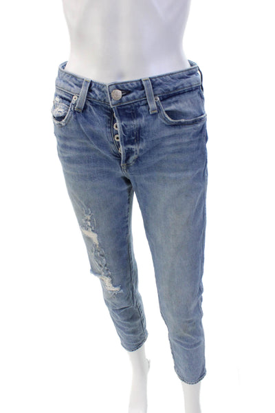 Amo Womens Mid Rise Button Fly Distressed Slim Straight Jeans Blue Size 25
