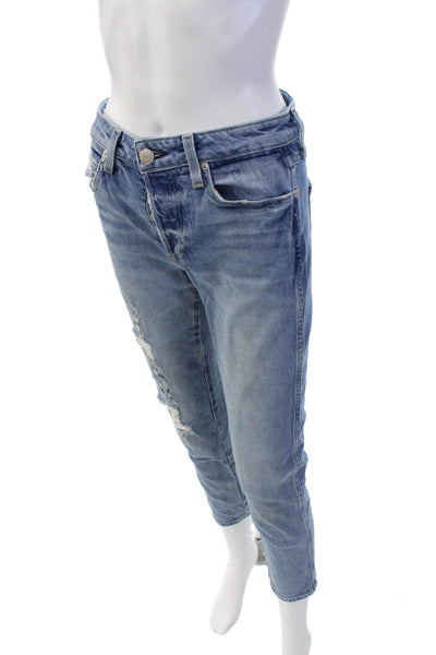 Amo Womens Mid Rise Button Fly Distressed Slim Straight Jeans Blue Size 25