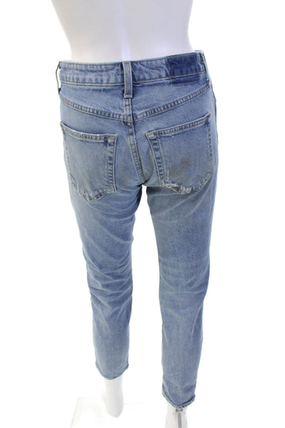 Amo Womens Mid Rise Button Fly Distressed Slim Straight Jeans Blue Size 25
