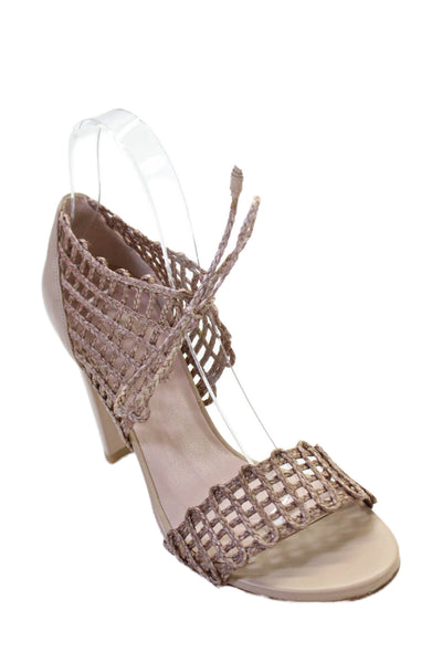 Stuart Weitzman Womens Leather Woven Ankle Strap Sandals Beige Size 6.5 Medium