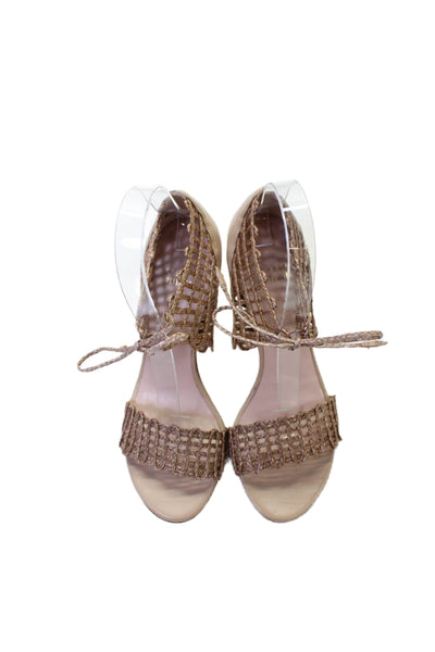 Stuart Weitzman Womens Leather Woven Ankle Strap Sandals Beige Size 6.5 Medium