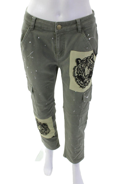 Hellessy Womens Zipper Fly Splatter Lion Patch Straight Leg Pants Green Size 2