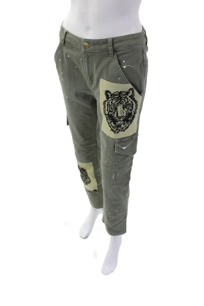 Hellessy Womens Zipper Fly Splatter Lion Patch Straight Leg Pants Green Size 2
