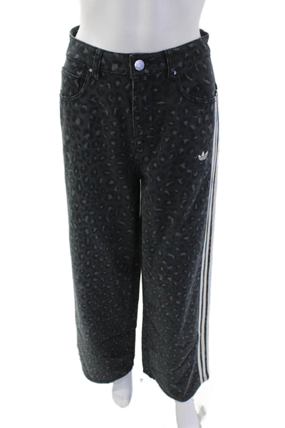Adidas Womens High Rise Striped Trim Leopard Wide Leg Jeans Gray White Size 26