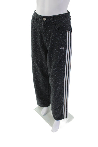Adidas Womens High Rise Striped Trim Leopard Wide Leg Jeans Gray White Size 26