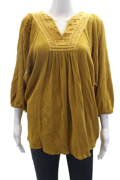 Mes DeMoiselles Paris Womens V Neck Embroidered Long Sleeve Blouse Yellow Size 1