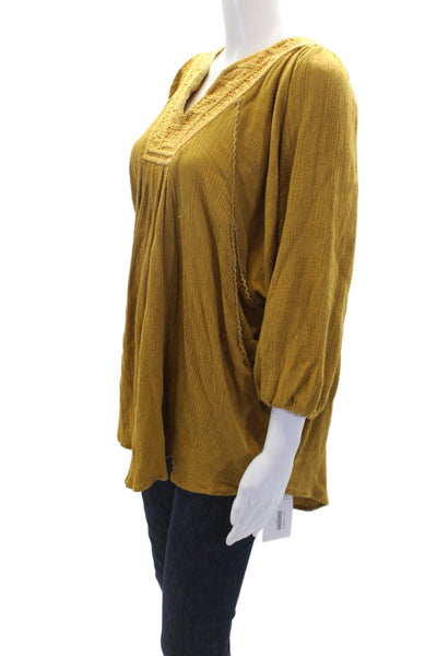Mes DeMoiselles Paris Womens V Neck Embroidered Long Sleeve Blouse Yellow Size 1