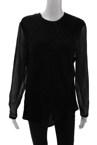 Alfred Sung Womens Long Sleeve Crew Neck Silk Sheer Top Black Size Medium